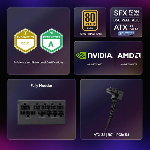 V850 SFX Gold 850W Fully Modular ITX Power Supply features and certifications shown.