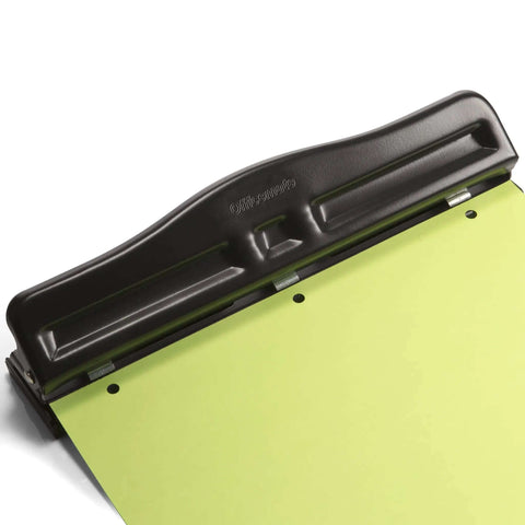 Adjustable Three Hole Punch For Office Documents With 11 Sheet Capacity Black Metal Punch Tool demonstrating use on paper
