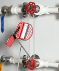 90 Piece Lockout Tagout Kit With Red Tool Box For Electrical Safety, 5 Types Of Lockouts, installed on white pipes