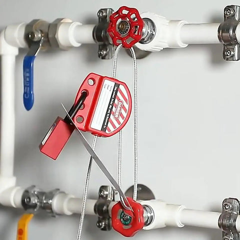 90 Piece Lockout Tagout Kit With Red Tool Box For Electrical Safety, 5 Types Of Lockouts, installed on white pipes