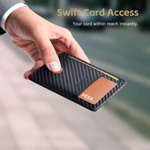 Hand holding Ultra Slim Front Pocket Wallet For Men, RFID Blocking Credit Card Holder, carbon fiber design, sleek travel
