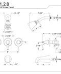 Diagram of Magellan Tub And Shower Faucet With Three Handles In Polished Brass Wall Mount Design Solid Brass Construction Washerless Cartridge Half Inch IPS Connection Built To Last And Easy To Install Bathroom Fixture