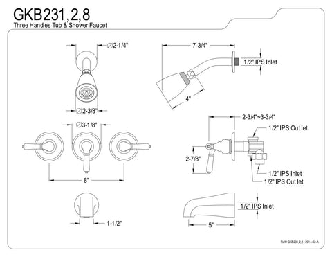 Diagram of Magellan Tub And Shower Faucet With Three Handles In Polished Brass Wall Mount Design Solid Brass Construction Washerless Cartridge Half Inch IPS Connection Built To Last And Easy To Install Bathroom Fixture