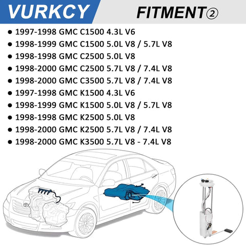 Diagram showing fitment of Electric Fuel Pump Module With Pressure Sensor For Chevy And GMC Trucks K1500 K2500 K3500 C1500 C2500 C3500 1997 1998 1999 2000 4.3L 5.0L 5.7L 7.4L V6 V8 Replace E3947M