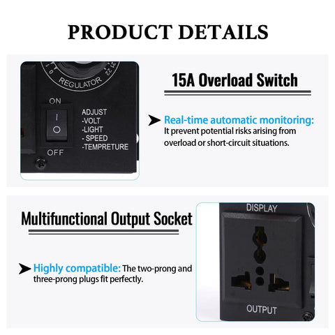 Heavy Duty AC Motor Speed Controller Featuring Crisp LED Readout With 120V SCR Voltage Regulator showing 15A overload switch and output socket.