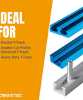 Close-up of blue double-cut profile universal T-track with bolt, ideal for double T-track and heavy-duty woodworking setups.