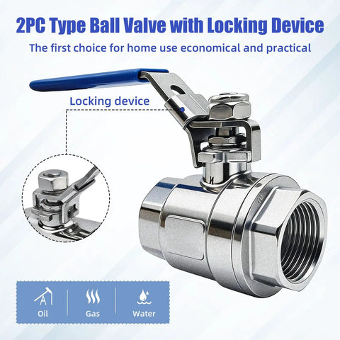 2 Pack 1 Inch Stainless Steel Ball Valve Full Port Shut Off With Locking Device NPT Female X Female 304 Stainless Vinyl Handle