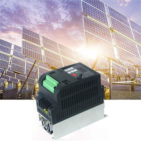 Built Tough Solar Water Pump Inverter That Runs Smooth With Zero Hassle Variable Frequency Control 5.5 Kilowatt 8Hp Dc To Ac Driver For Daily Farm Irrigation Duties, with solar panels in the background.