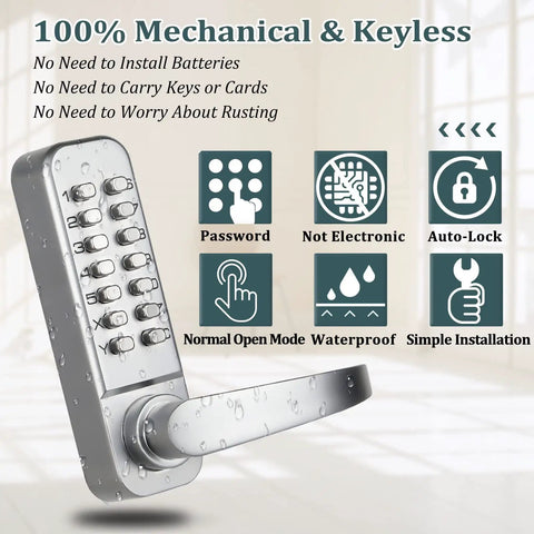 Keyless Entry Door Lock With Handle And Mechanical Keypad Digital Combination Front Door Lock Set No Fuss Weatherproof Outdoor Gate Lock For Fences Reversible Handle Auto Lock Easy Install Silver