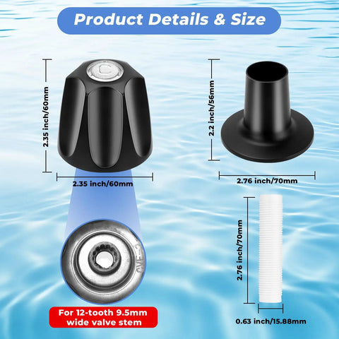 Matte Black 2 Piece Shower Knob Replacement Kit For Verve Tub And Shower Faucet Hot Cold Handle Remodel Trim Fits 12 Tooth 9.5mm Valve Stem Durable Zinc Alloy Build detail image with size specifications
