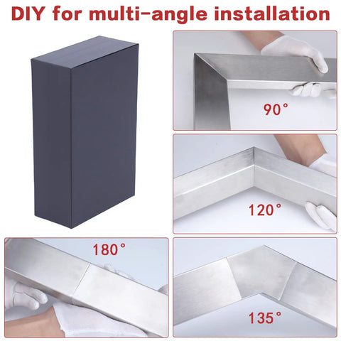 Multi-angle installation view of Flat Handrail Extension Connector 100mm 4 Pack For HT10 HL10 HT14 Rails with angles at 90°, 120°, 135°, and 180° showcasing seamless connections.