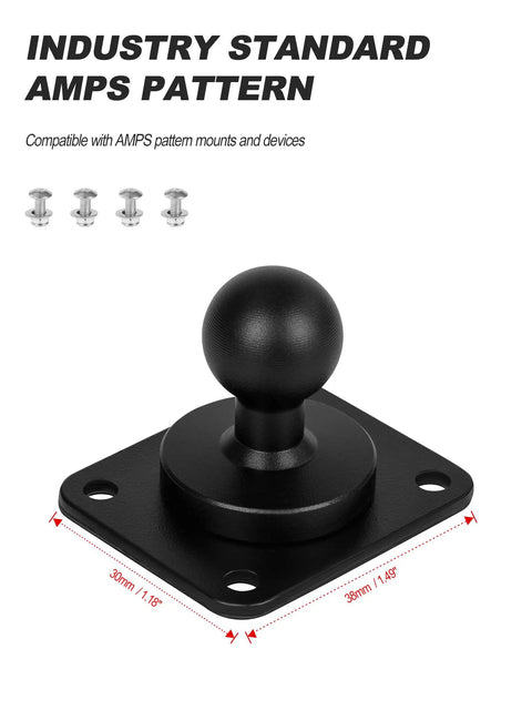 Badass Two Pack Four Hole AMPS Dashboard Mount With 20MM Ball And Complete Hardware Kit For GPS Tablets on a black metal base.