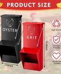 Heavy Duty Metal Chicken Feeder 2 Pack With Tight Lid Automatic Gravity Trough Hang Or Wall Mount Oyster Shell Grit Dispenser with size details.