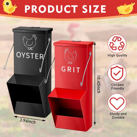 Heavy Duty Metal Chicken Feeder 2 Pack With Tight Lid Automatic Gravity Trough Hang Or Wall Mount Oyster Shell Grit Dispenser with size details.