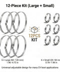 Universal Adjustable Stainless Steel CV Boot Clamp Kit 12 Piece Set showing large and small clamps, 304 grade rust proof design.