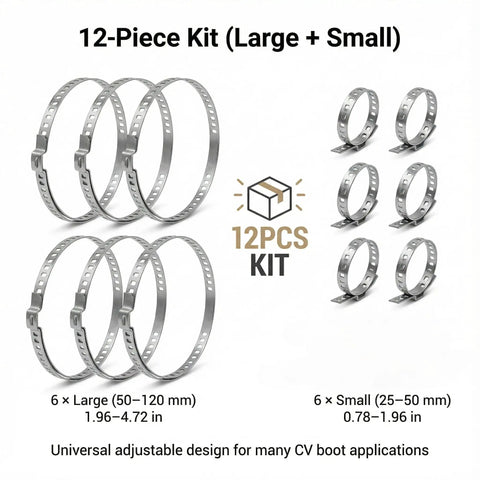 Universal Adjustable Stainless Steel CV Boot Clamp Kit 12 Piece Set showing large and small clamps, 304 grade rust proof design.