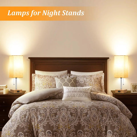 Bedroom with set of 2 wood table lamps for bedroom with 3 color modes warm white soft white daylight white pull chain nightstand lamps with AC outlets compact bedside lights with 2 bulbs for living room kids room office decor.