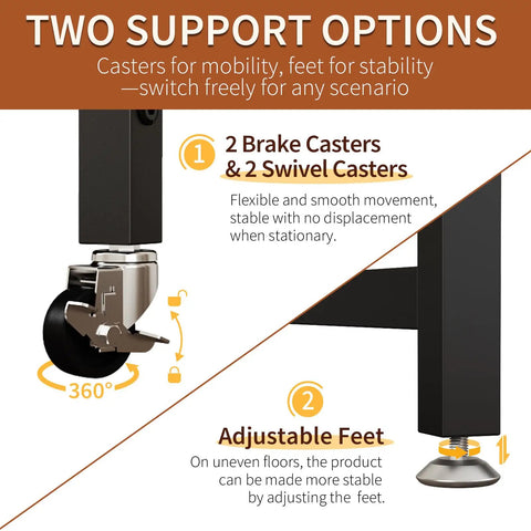 4 Tier Heavy Duty Kitchen Baker's Rack With Power Outlet And Industrial Wheels showing support options with casters and feet.