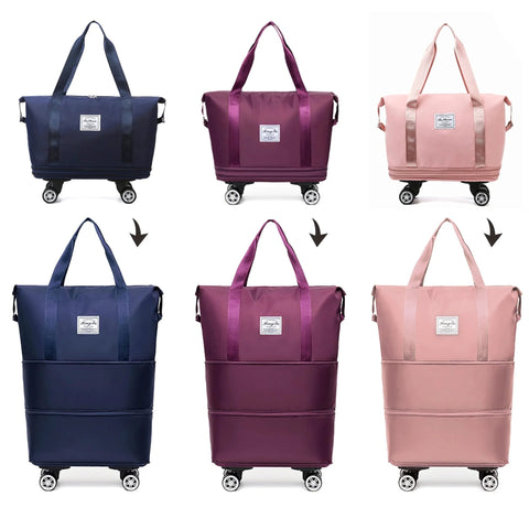 Set of six expandable foldable duffel bags with wheels in navy, burgundy, and pink.