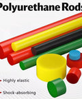 Colorful polyurethane rods and discs, featuring a shock absorbing PU rod for DIY projects and industrial machinery.