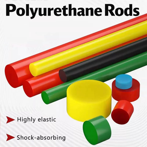 Colorful polyurethane rods and discs, featuring a shock absorbing PU rod for DIY projects and industrial machinery.