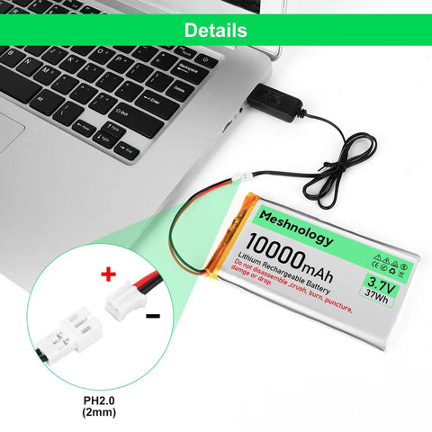 Beefy 2-Pack 3.7V 10000mAh LiPo Battery With USB Charger Cable For Arduino ESP32 Drones RC Cars And Modules, PH2.0 plug detail