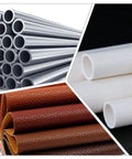 Collage showing different materials: metal pipes, white plastic tubes, and brown textured leather sheets.