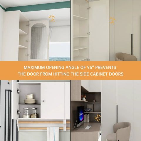 Soft Close Cabinet Hinges 20 Pack 95 Degree Half Overlay Frameless Euro Concealed in use, showing cabinet interior and door opening positions.