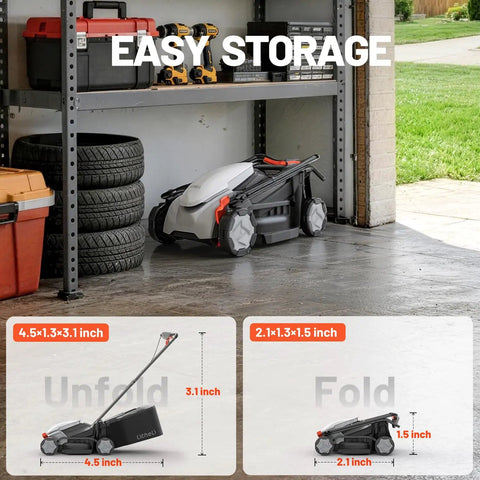 Compact 14 Inch Brushless Cordless Lawn Mower With Dual 5Ah Batteries, Long Runtime, Push Mower For Yard Garden Farm, 5 Position Height Adjustment, Lightweight Easy Start And Low Maintenance, folded for easy garage storage
