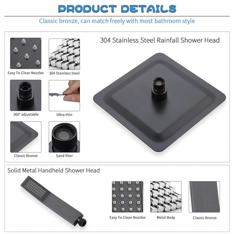 304 stainless steel rainfall shower head and handheld head of All In One Shower Faucet Set With Dual Square Shower Heads And Handheld Wand Diverter Hose And Pressure Balance Rough In Valve In Oil Rubbed Bronze For Easy Install And Premium Water Flow product details