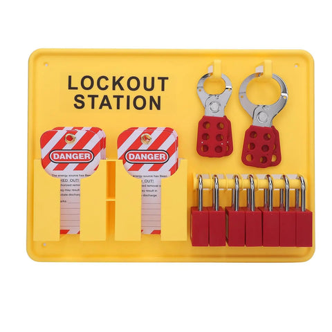 Wall Mounted Lockout Tagout Station Kit For The Shop Floor DeformationProof Heavy Duty PC Safety Supply Bright Yellow Boss Level Safety Visibility Open Design 15.2 X 11.4 Inch Enhanced Security For Energy Control Programs, yellow PC station with locks