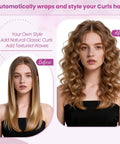 Before and after using Conical Long Hair Barrel Attachment For Dyson Airwrap HS01 HS05 HS08 showing straight to curled hair transformation