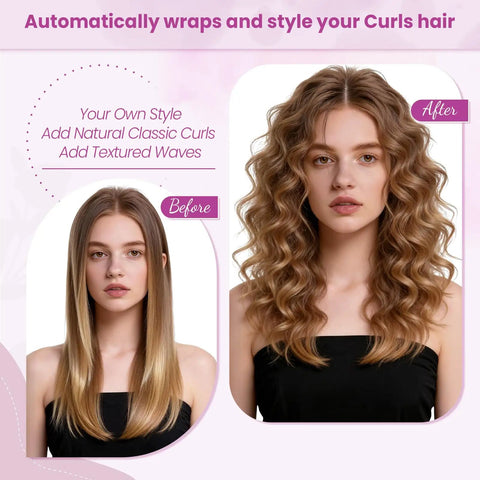 Before and after using Conical Long Hair Barrel Attachment For Dyson Airwrap HS01 HS05 HS08 showing straight to curled hair transformation