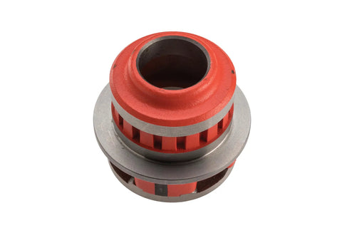 12R Die Head For 1-1/2 NPT Threads, Complete Die Head Assembly, top view of beefy heavy duty pipe threading tool with red cast construction