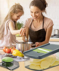 Front view of Ourokhome 6-in-1 gray mandoline slicer with clear vegetable container and green safety guard