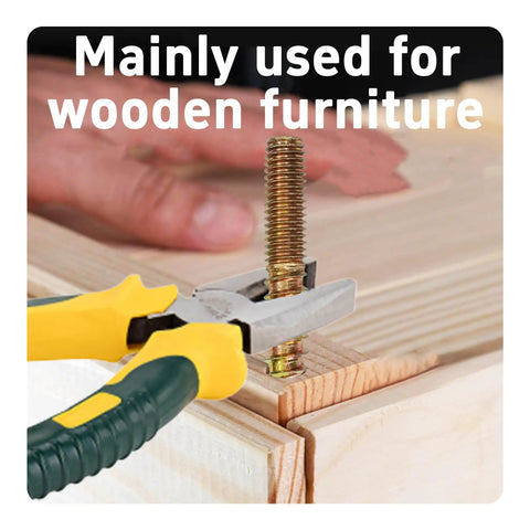 Person using pliers on M8x50mm double ended hanger bolt for wooden furniture assembly.