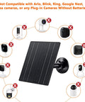 10W Solar Panel Charger For 5V Cameras With USB C, Micro USB, And DC Adapters showing compatible and incompatible devices