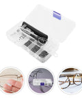 Ultimate Eyeglass Repair Kit Featuring Replaceable Nose Pads And Micro Screwdriver With Assorted Glasses Screws in a compact case.