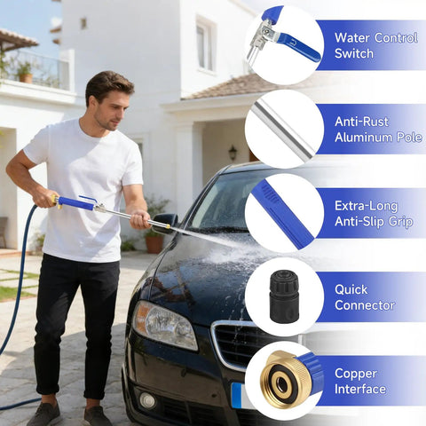 Heavy Duty High Pressure Washer Wand Pro Grade With Hydro Jet Nozzle for car cleaning, features and details, man washing car.