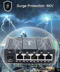 Rugged Industrial Six Port Gigabit Ethernet Switch With 90 To 250V AC Input against stormy sky, surge protection emphasized