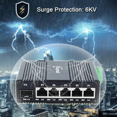 Rugged Industrial Six Port Gigabit Ethernet Switch With 90 To 250V AC Input against stormy sky, surge protection emphasized