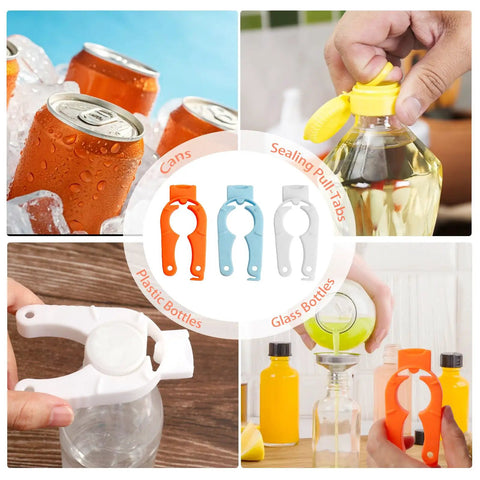 Six Pack Plastic Bottle Cap Opener Set 3 In 1 Gripper Tool For Arthritic Hands Easy Twist Jar Opener in use on bottles and cans.