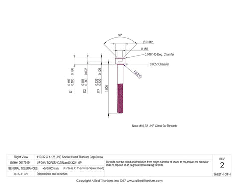 Rock Solid Pack Of 10 Grade 2 Titanium Socket Head Cap Screws 10-32 X 1-1/2 Inch Unf Thread technical drawing dimensions.