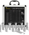 14 Piece Annular Cutter Set Featuring M2AL High Speed Steel Weldon Shank Magnetic Drill Bits on display with case and sizes.