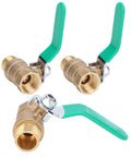 Top Shelf One Half Inch Premium Brass Ball Valve For Hot And Cold Water Piping Systems Built Damn Tough For Indoor Natural Gas And No Fuss DIY Home Upgrades Corrosion Resistant Quick Shut Off Design - pack of 3 brass valves with green handles.
