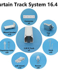 Heavy Duty Curtain Track System For Ceiling Mount, 16.4 Ft Aluminum Curtain Rail Set With Rollers, Hooks, Brackets, And End Caps, Ideal For Thick Curtains, Room Dividers, And Easy Ceiling Installation. Parts layout with 3.28 ft tracks