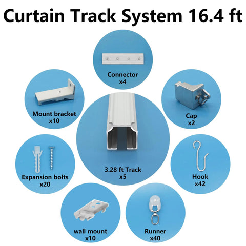 Heavy Duty Curtain Track System For Ceiling Mount, 16.4 Ft Aluminum Curtain Rail Set With Rollers, Hooks, Brackets, And End Caps, Ideal For Thick Curtains, Room Dividers, And Easy Ceiling Installation. Parts layout with 3.28 ft tracks