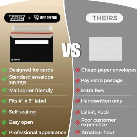 Comparison of 7 By 4.35 Inch Black Card Mailers and plain envelopes for trading cards, highlighting design and features.