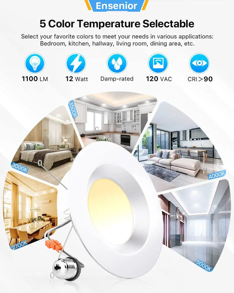 Infographic of 12 Pack 5 To 6 Inch LED Can Lights Retrofit Recessed Downlight Kit, Dimmable With 2700K To 5000K Selectable Color Temps