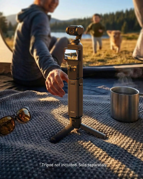 Extended 5000mAh Battery Grip For DJI Osmo Pocket 4 And 3 Xtra on compact tripod for travel and filming outdoors